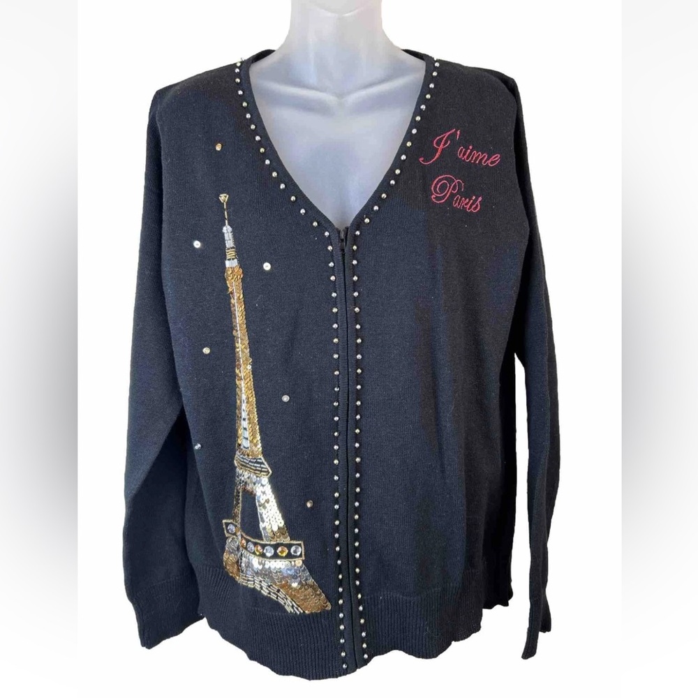 NWT StoryBook Knits Sz L Black Cardigan Sweater J’aime Paris Eiffel Tower Sequin